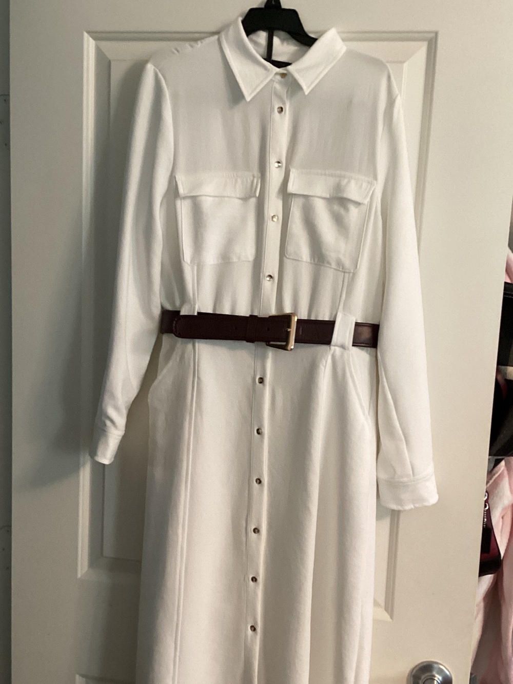 Zara White Maxi Shirt Dress with Brown Belt